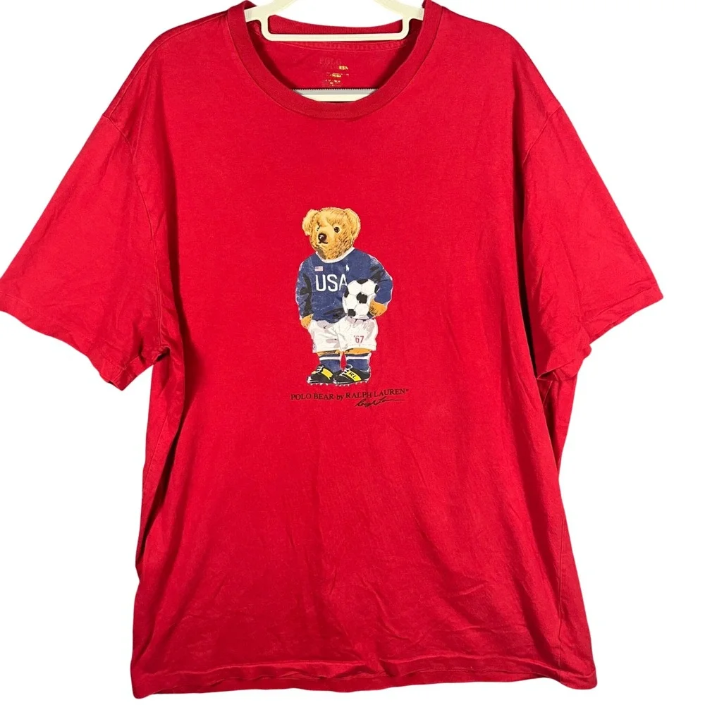 Polo Ralph Lauren T-Shirt Mens L/XL Red Soccer USA Polo Bear Graphic Tee
